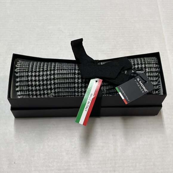 Il Moro Firenze Scarf Black Houndstooth Wool Fringe Made Italy Classic Preppy - Picture 9 of 10